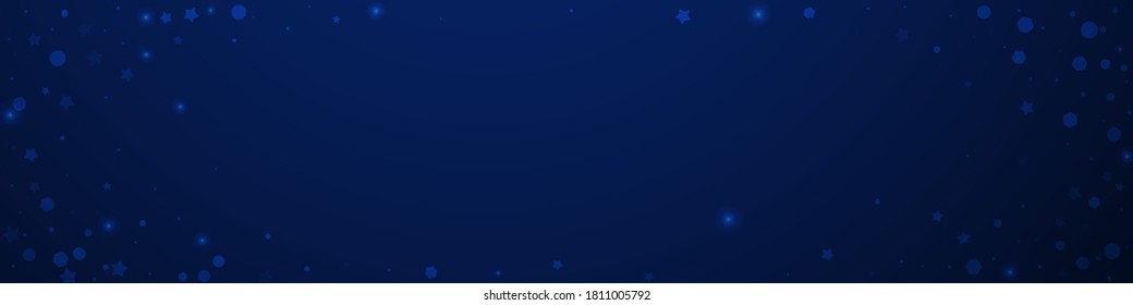 Magic stars random Christmas background. Subtle flying snow flakes and stars on dark blue background. Brilliant winter silver snowflake overlay template. Vibrant panoramic illustration.