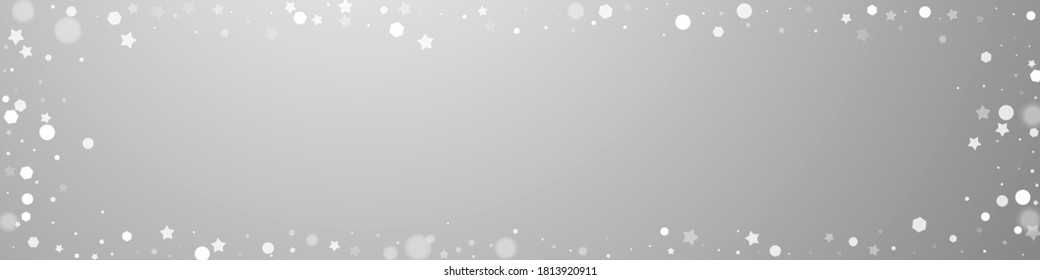 Magic stars random Christmas background. Subtle flying snow flakes and stars on grey background. Breathtaking winter silver snowflake overlay template. Tempting panoramic illustration.