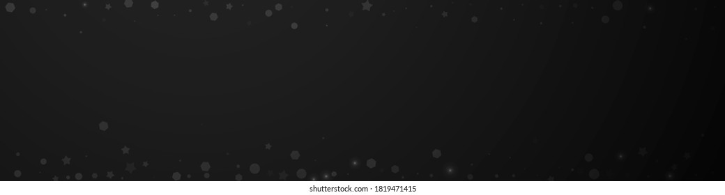 Magische Sterne zufällig Weihnachtshintergrund. Subtile fliegende Schneeflocken und Sterne auf schwarzem Hintergrund. Bizarre Winter Silber Schneeflocken Overlay Vorlage. Tolle Panoramabildung.