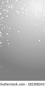 Magic stars random Christmas background. Subtle flying snow flakes and stars on grey background. Alluring winter silver snowflake overlay template. Admirable vertical illustration.