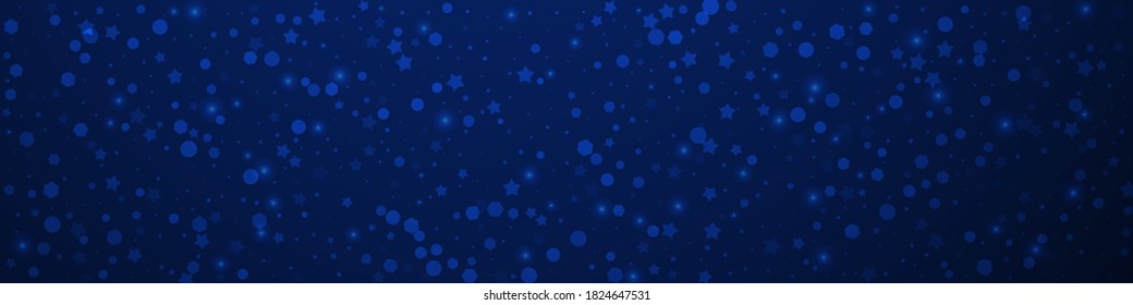 Magic stars random Christmas background. Subtle flying snow flakes and stars on dark blue background. Bizarre winter silver snowflake overlay template. Eminent panoramic illustration.