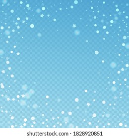 Magische Sterne zufällig Weihnachtshintergrund. Subtile fliegende Schneeflocken und Sterne auf blauem, transparentem Hintergrund. Erstaunliche Winterschneeflocke. Atemberaubende Vektorgrafik.
