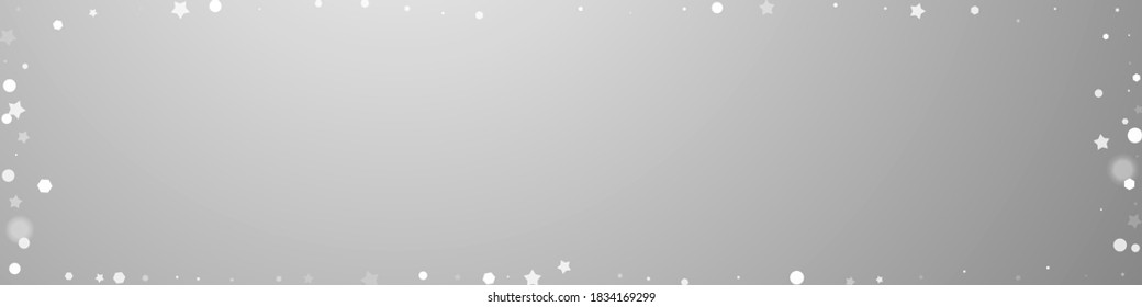 Magic stars random Christmas background. Subtle flying snow flakes and stars on grey background. Brilliant winter silver snowflake overlay template. Bizarre panoramic illustration.