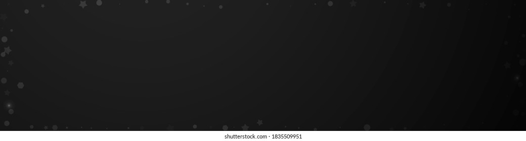 El fondo navideño de las estrellas mágicas es aleatorio. Sutiles copos de nieve volando y estrellas de fondo negro. Brillante plantilla de overlay de copos de nieve de plata de invierno. Hermosa ilustración panorámica.