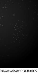 Magic stars random Christmas background. Subtle flying snow flakes and stars on black background. Adorable winter silver snowflake overlay template. Tempting vertical illustration.