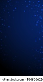 Magic stars random Christmas background. Subtle flying snow flakes and stars on dark blue background. Actual winter silver snowflake overlay template. Immaculate vertical illustration.