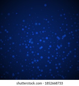 El fondo navideño de las estrellas mágicas es aleatorio. Sutiles copos de nieve volando y estrellas en el fondo oscuro de la noche azul. Alentadora plantilla de superposición de copos de nieve de plata de invierno. Ilustración vectorial memorable.