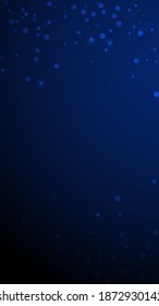 Magic stars random Christmas background. Subtle flying snow flakes and stars on dark blue background. Alluring winter silver snowflake overlay template. Neat vertical illustration.