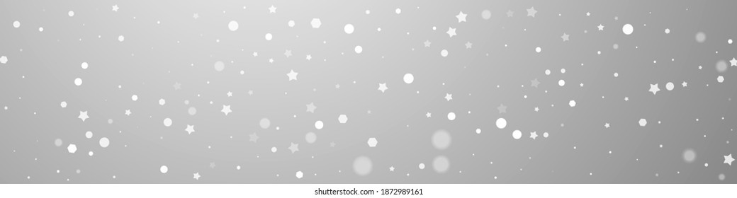 Magic stars random Christmas background. Subtle flying snow flakes and stars on grey background. Bold winter silver snowflake overlay template. Fancy panoramic illustration.