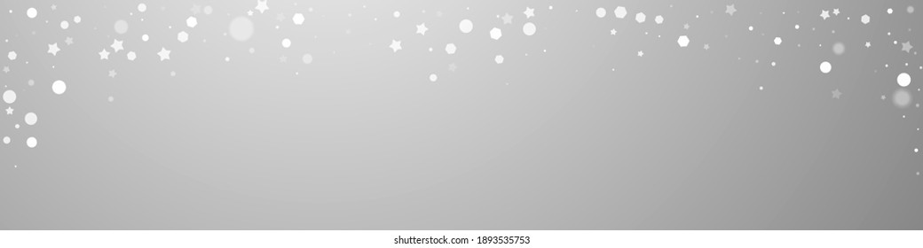Magische Sterne zufällig Weihnachtshintergrund. Subtile fliegende Schneeflocken und Sterne auf grauem Hintergrund. Atemberaubende Winterschneeflocke. Original Panoramabild.