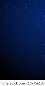 Magic stars random Christmas background. Subtle flying snow flakes and stars on dark blue background. Actual winter silver snowflake overlay template. Authentic vertical illustration.