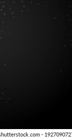 Magic stars random Christmas background. Subtle flying snow flakes and stars on black background. Actual winter silver snowflake overlay template. Pleasing vertical illustration.