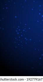 Magic stars random Christmas background. Subtle flying snow flakes and stars on dark blue background. Adorable winter silver snowflake overlay template. Terrific vertical illustration.
