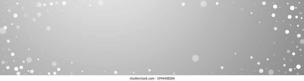 El fondo navideño de las estrellas mágicas es aleatorio. Sutiles copos de nieve volando y estrellas de fondo gris. Brillante plantilla de overlay de copos de nieve de plata de invierno. Maravillosa ilustración panorámica.