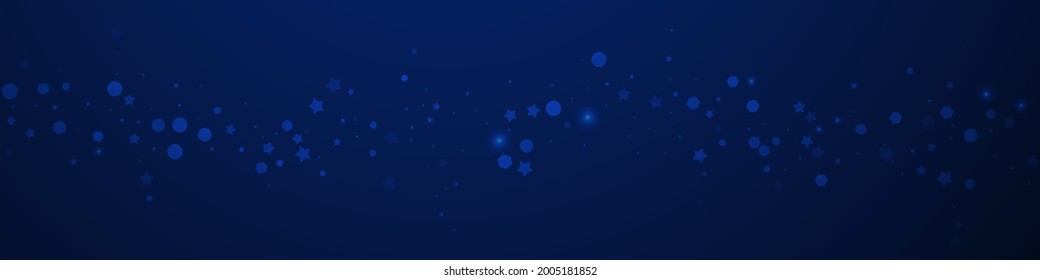 Magische Sterne zufällig Weihnachtshintergrund. Subtile fliegende Schneeflocken und Sterne auf dunkelblauem Hintergrund. Atemberaubende Winterschneeflocke. Wunderschöne Panoramabildung.