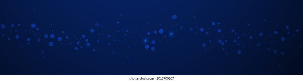 Magic stars random Christmas background. Subtle flying snow flakes and stars on dark blue background. Breathtaking winter silver snowflake overlay template. Alluring panoramic illustration.