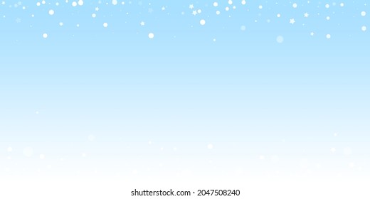 Magic stars random Christmas background. Subtle flying snow flakes and stars on winter sky background. Amusing winter silver snowflake overlay template. Resplendent vector illustration.