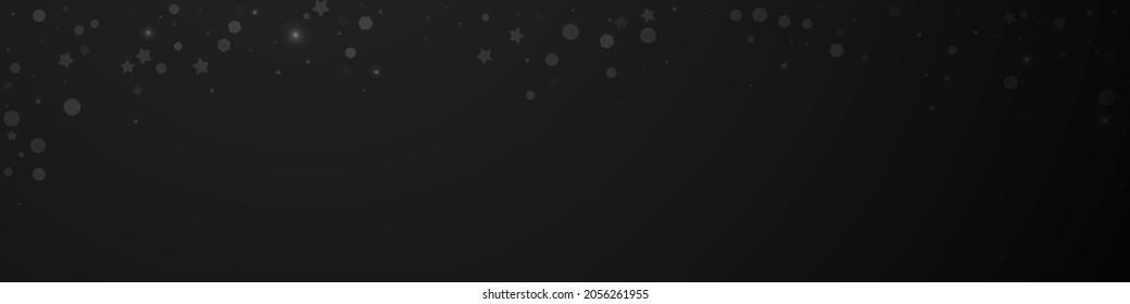 Magic stars random Christmas background. Subtle flying snow flakes and stars on black background. Breathtaking winter silver snowflake overlay template. Noteworthy panoramic illustration.