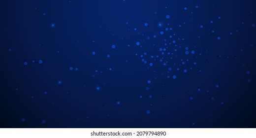 El fondo navideño de las estrellas mágicas es aleatorio. Sutiles copos de nieve volando y estrellas en el fondo oscuro de la noche azul. Impresionante plantilla de overlay de copos de nieve de plata de invierno. Ilustración vectorial deslumbrante.