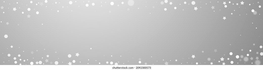 Magic stars random Christmas background. Subtle flying snow flakes and stars on grey background. Brilliant winter silver snowflake overlay template. Powerful panoramic illustration.