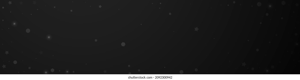 Magic stars random Christmas background. Subtle flying snow flakes and stars on black background. Captivating winter silver snowflake overlay template. Classy panoramic illustration.