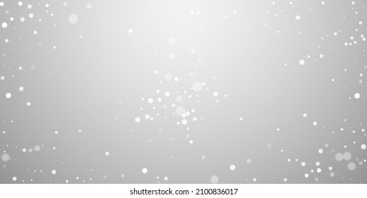 Magic stars random Christmas background. Subtle flying snow flakes and stars on light grey background. Artistic winter silver snowflake overlay template. Admirable vector illustration.