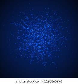 Magic stars sparse Christmas background. Subtle flying snow flakes and stars on dark blue night background. Actual winter silver snowflake overlay template. Glamorous vector illustration.
