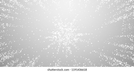 Magic stars sparse Christmas background. Subtle flying snow flakes and stars on light grey background. Artistic winter silver snowflake overlay template. Amazing vector illustration.