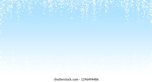 Magic stars sparse Christmas background. Subtle flying snow flakes and stars on winter sky background. Authentic winter silver snowflake overlay template. Impressive vector illustration.