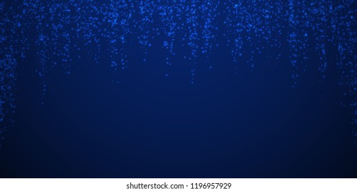 Magic stars sparse Christmas background. Subtle flying snow flakes and stars on dark blue night background. Attractive winter silver snowflake overlay template. Fair vector illustration.