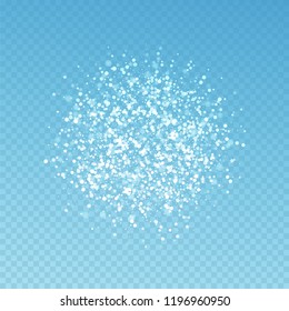 Magic stars sparse Christmas background. Subtle flying snow flakes and stars on blue transparent background. Beauteous winter silver snowflake overlay template. Good-looking vector illustration.