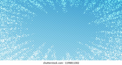Magic stars sparse Christmas background. Subtle flying snow flakes and stars on transparent blue background. Alive winter silver snowflake overlay template. Magnetic vector illustration.