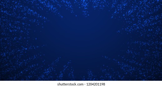 Magic stars sparse Christmas background. Subtle flying snow flakes and stars on dark blue night background. Bewitching winter silver snowflake overlay template. Amazing vector illustration.