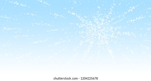 Magic stars sparse Christmas background. Subtle flying snow flakes and stars on winter sky background. Astonishing winter silver snowflake overlay template. Ecstatic vector illustration.