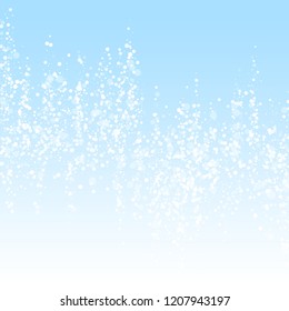 Magic stars sparse Christmas background. Subtle flying snow flakes and stars on winter sky background. Beauteous winter silver snowflake overlay template. Noteworthy vector illustration.