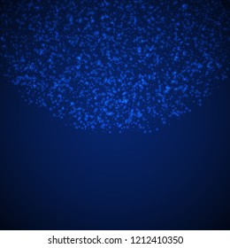 Magic stars sparse Christmas background. Subtle flying snow flakes and stars on dark blue night background. Amazing winter silver snowflake overlay template. Cute vector illustration.