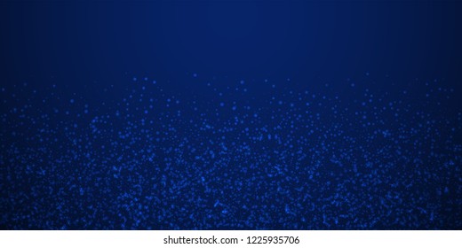 Magic stars sparse Christmas background. Subtle flying snow flakes and stars on dark blue night background. Beautiful winter silver snowflake overlay template. Admirable vector illustration.