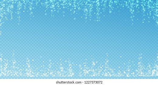 Magic stars sparse Christmas background. Subtle flying snow flakes and stars on transparent blue background. Admirable winter silver snowflake overlay template. Curious vector illustration.