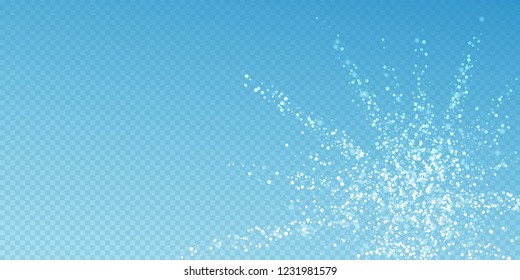 Magic stars sparse Christmas background. Subtle flying snow flakes and stars on blue transparent background. Artistic winter silver snowflake overlay template. Shapely vector illustration.