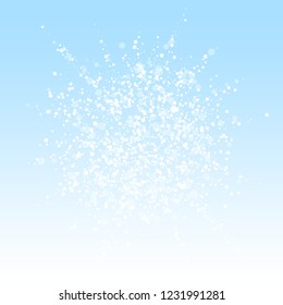 Magic stars sparse Christmas background. Subtle flying snow flakes and stars on winter sky background. Beauteous winter silver snowflake overlay template. Grand vector illustration.