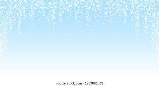 Magic stars sparse Christmas background. Subtle flying snow flakes and stars on winter sky background. Attractive winter silver snowflake overlay template. Stylish vector illustration.