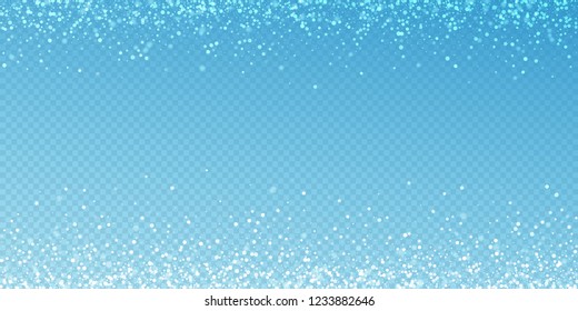 Magic stars sparse Christmas background. Subtle flying snow flakes and stars on blue transparent background. Amusing winter silver snowflake overlay template. Shapely vector illustration.