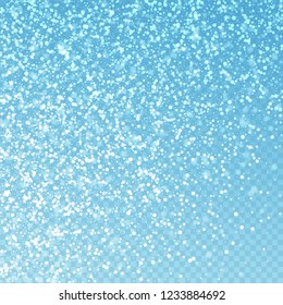 Magic stars sparse Christmas background. Subtle flying snow flakes and stars on blue transparent background. Alluring winter silver snowflake overlay template. Unique vector illustration.