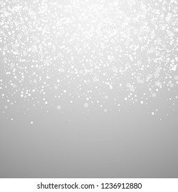 Magic stars sparse Christmas background. Subtle flying snow flakes and stars on light grey background. Alive winter silver snowflake overlay template. Nice vector illustration.