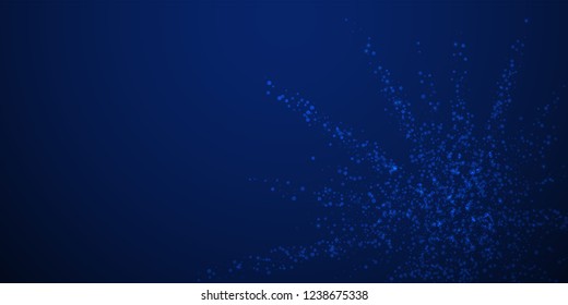 Magic stars sparse Christmas background. Subtle flying snow flakes and stars on dark blue night background. Artistic winter silver snowflake overlay template. Sightly vector illustration.