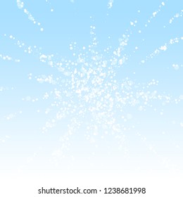 Magic stars sparse Christmas background. Subtle flying snow flakes and stars on winter sky background. Authentic winter silver snowflake overlay template. Pleasing vector illustration.