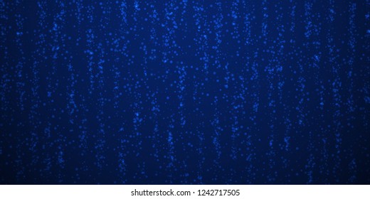 Magic stars sparse Christmas background. Subtle flying snow flakes and stars on dark blue night background. Awesome winter silver snowflake overlay template. Decent vector illustration.