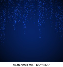 Magic stars sparse Christmas background. Subtle flying snow flakes and stars on dark blue night background. Bizarre winter silver snowflake overlay template. Fine vector illustration.