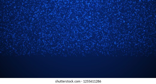 Magic stars sparse Christmas background. Subtle flying snow flakes and stars on winter sky background. Adorable winter silver snowflake overlay template. Bewitching vector illustration.