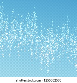 Magic stars sparse Christmas background. Subtle flying snow flakes and stars on blue transparent background. Bizarre winter silver snowflake overlay template. Outstanding vector illustration.